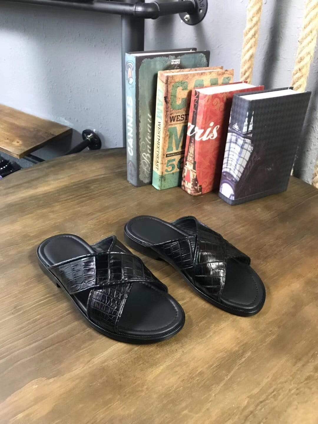 Genuine crocodile belly leather men's slippers by Rossie Viren, showcasing textured crocodile skin on the shoes.