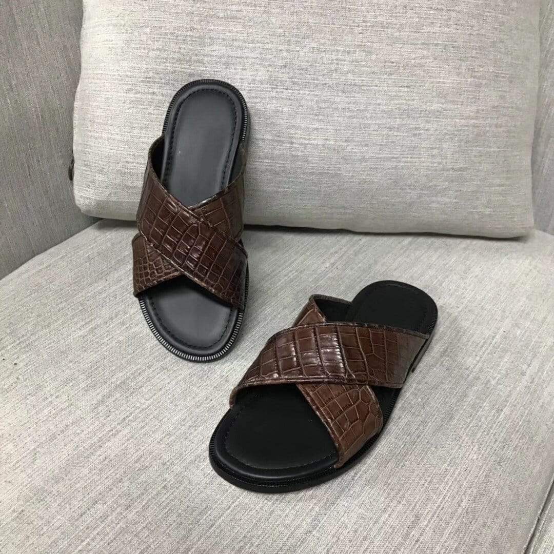 Rossie Viren men's genuine nubuck crocodile belly leather slippers showing textured crocodile pattern and sleek shoe design.