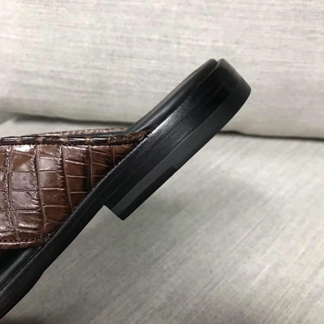 Rossie Viren men's slippers made from genuine crocodile belly leather, featuring a soft nubuck finish and slip-on design.