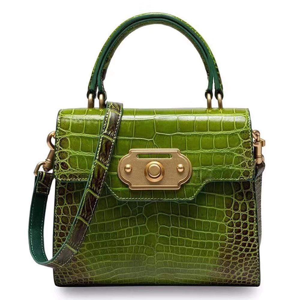 Genuine crocodile belly leather top handle shoulder purse bag by Rossie Viren, featuring a sleek, textured crocodile design.