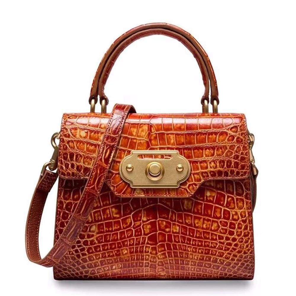 Genuine crocodile belly leather top handle shoulder purse bag by Rossie Viren with a sleek, structured design and elegant finish.