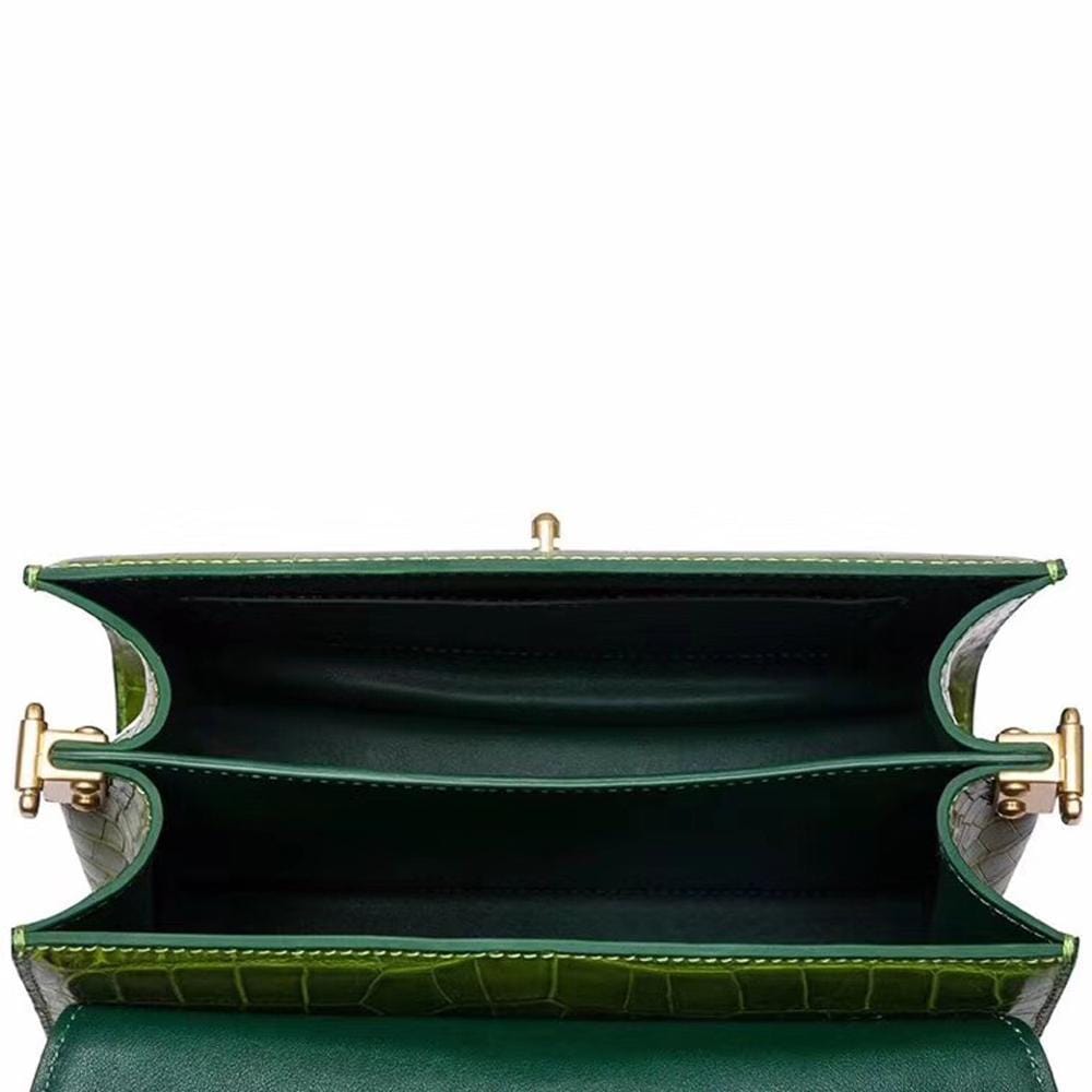 Genuine crocodile belly leather top handle shoulder purse bag by Rossie Viren with elegant design and upscale craftsmanship.