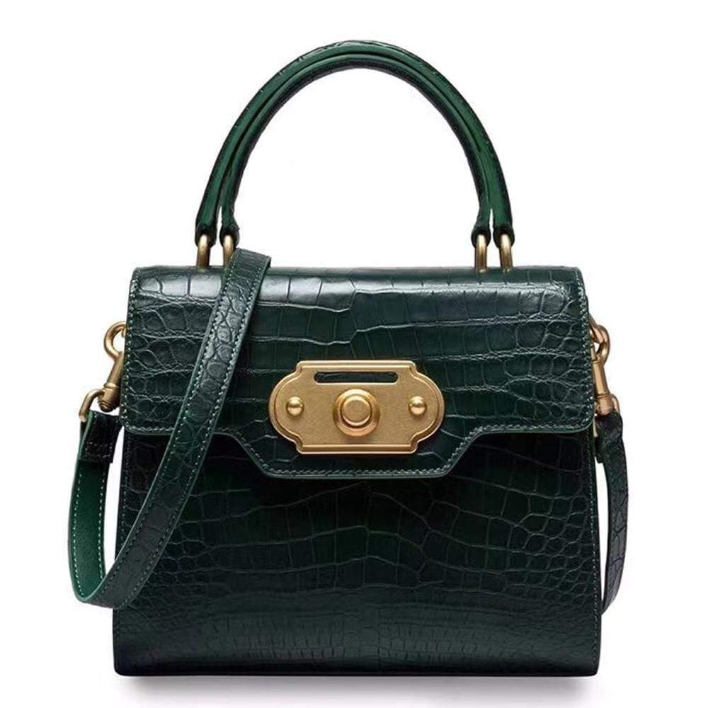 Genuine crocodile belly leather top handle shoulder purse bag by Rossie Viren with sleek design and textured crocodile pattern.