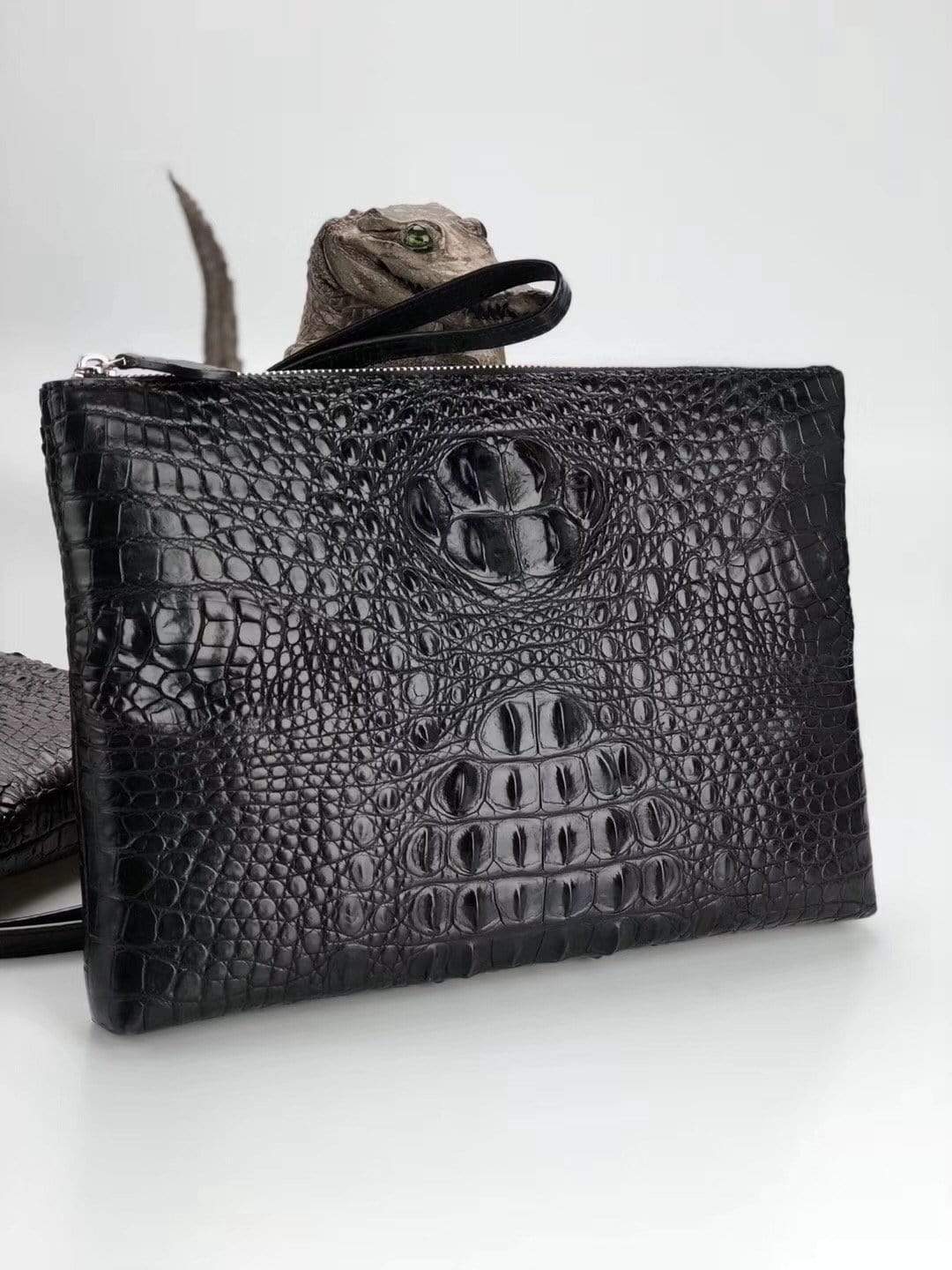 Rossie Viren genuine crocodile bone leather medium iPad case clutch bag with sleek design and textured finish.