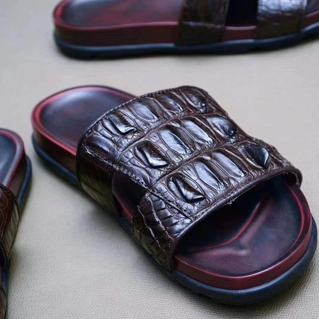 Genuine crocodile bone leather men's slipper by Rossie Viren featuring textured crocodile skin and classic slip-on design.