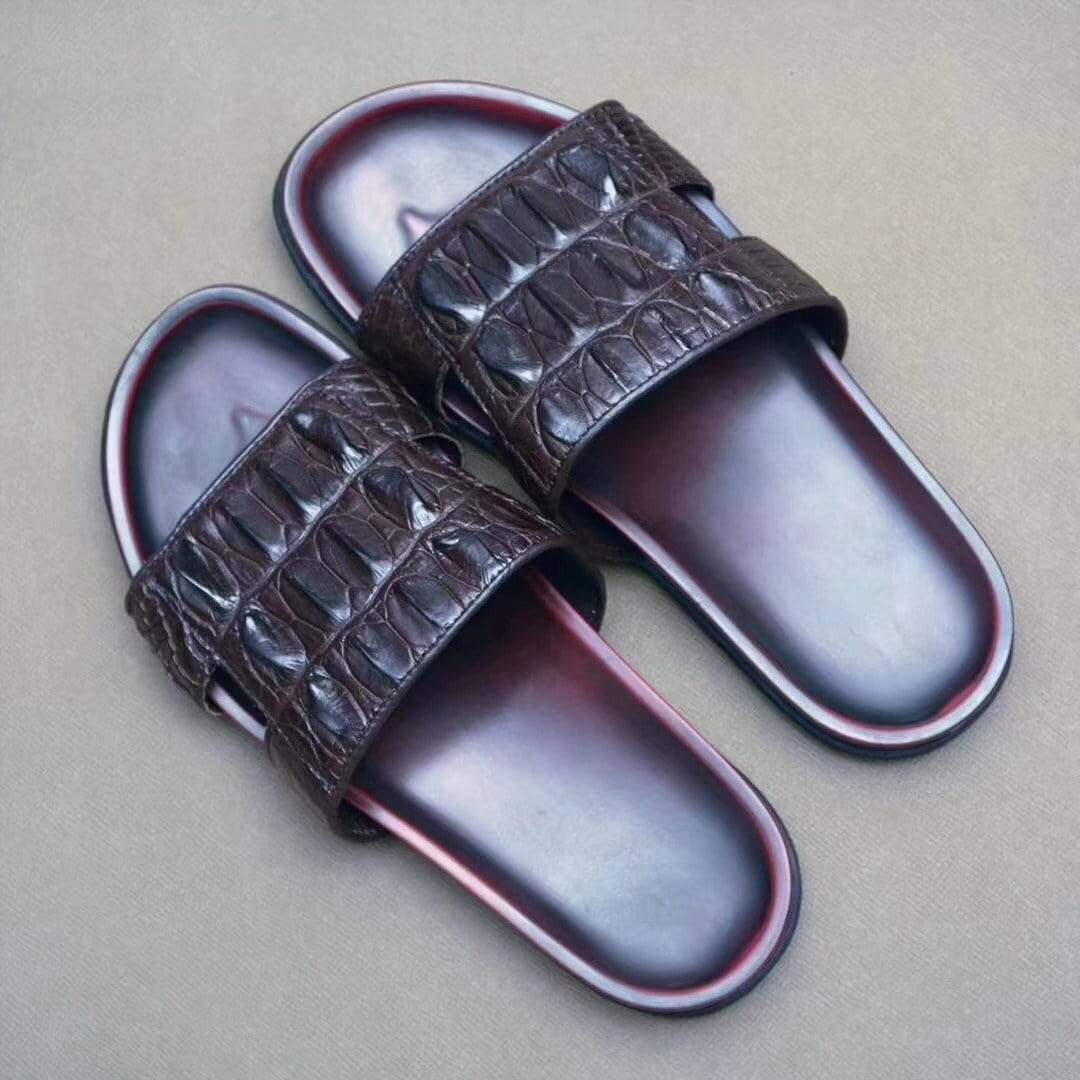 Genuine crocodile bone leather men's slipper by Rossie Viren, showcasing a luxurious crocodile skin design and craftsmanship.