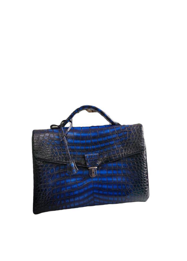 Genuine crocodile leather briefcase by Rossie Viren, vintage brown business handbag with textured crocodile pattern.