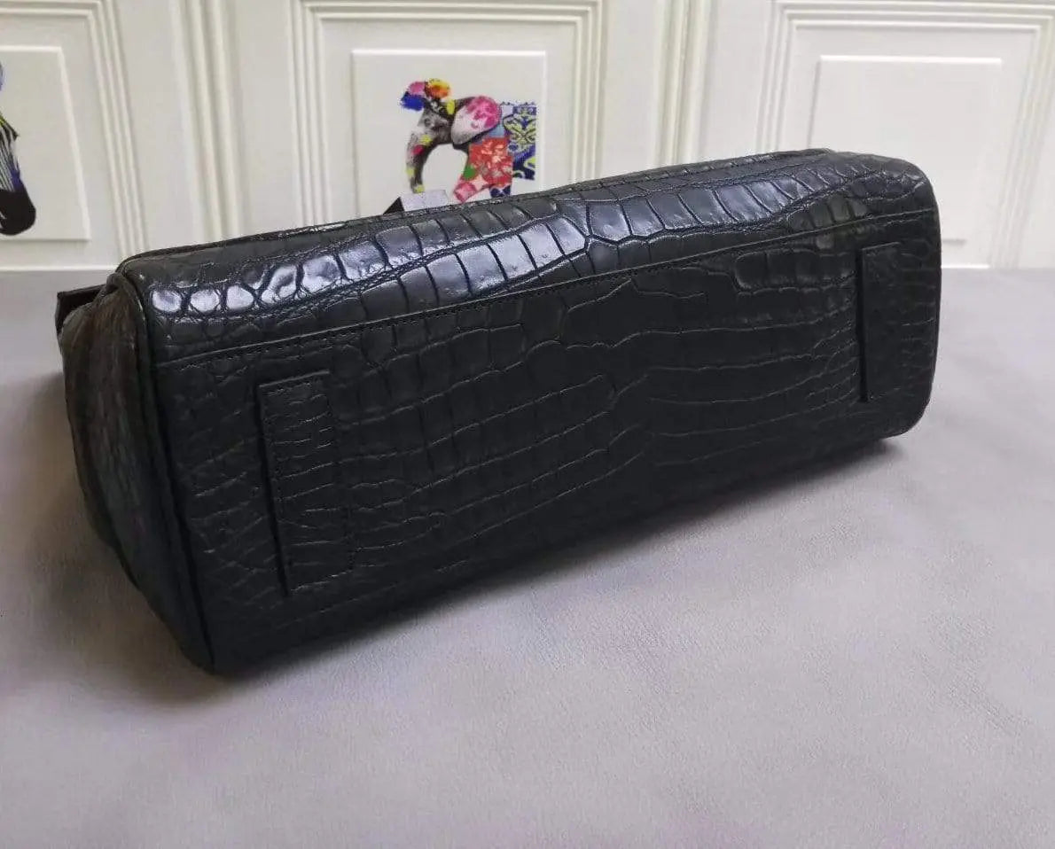 Genuine crocodile leather large tote briefcase by Rossie Viren, stylish business handbag with textured crocodile pattern.