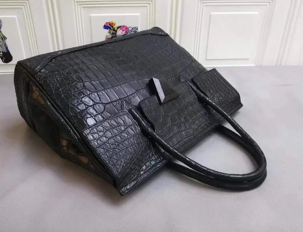 Genuine crocodile leather large tote briefcase by Rossie Viren, stylish business handbag with textured crocodile pattern.
