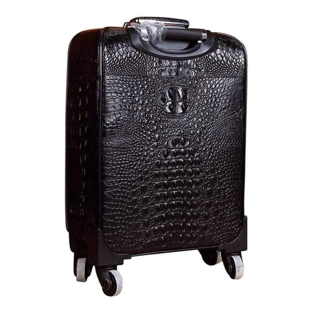 Rossie Viren genuine crocodile leather suitcase with four spinner wheels, travel luggage roller trolley case for easy mobility.