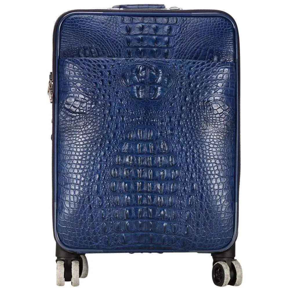 Genuine crocodile leather suitcase by Rossie Viren with four spinner wheels and a spacious travel trolley bag design.