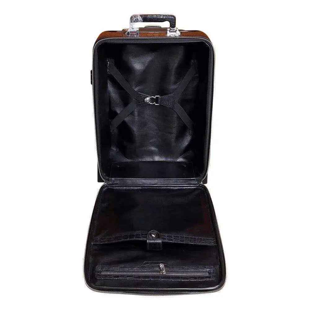 Rossie Viren genuine crocodile leather luggage suitcase with four spinner wheels, designed for stylish travel and easy mobility.