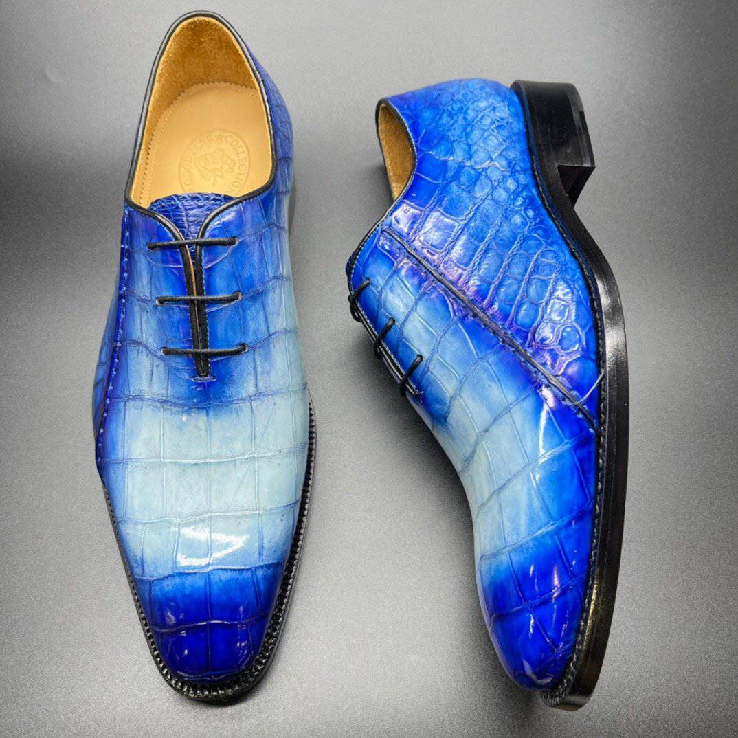 Rossie Viren genuine crocodile leather men's penny loafers in hand-painted two-tone blue, dress shoes with a polished finish.