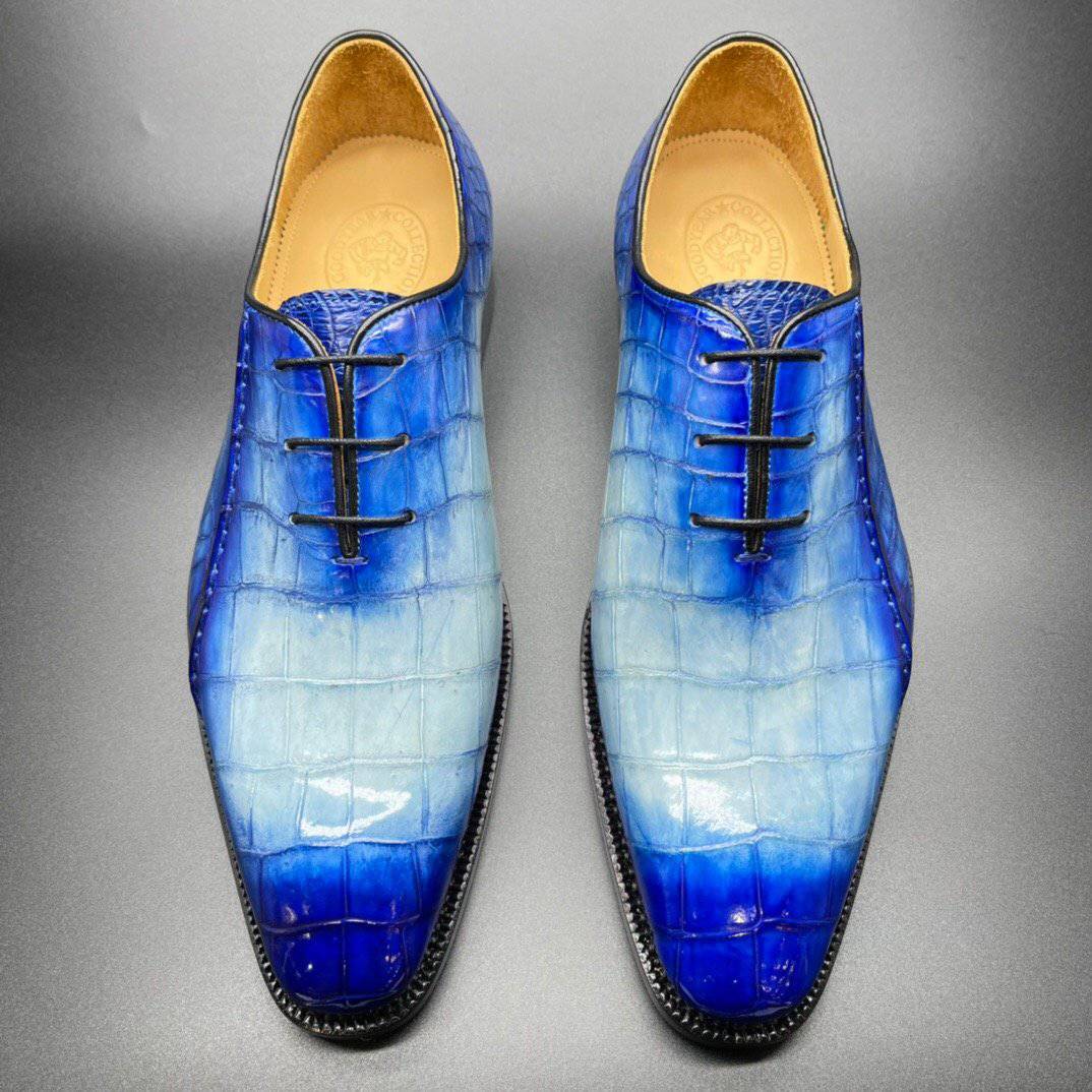 Rossie Viren men's genuine crocodile leather penny loafers with hand-painted two-tone blue dress shoes, sleek and stylish.
