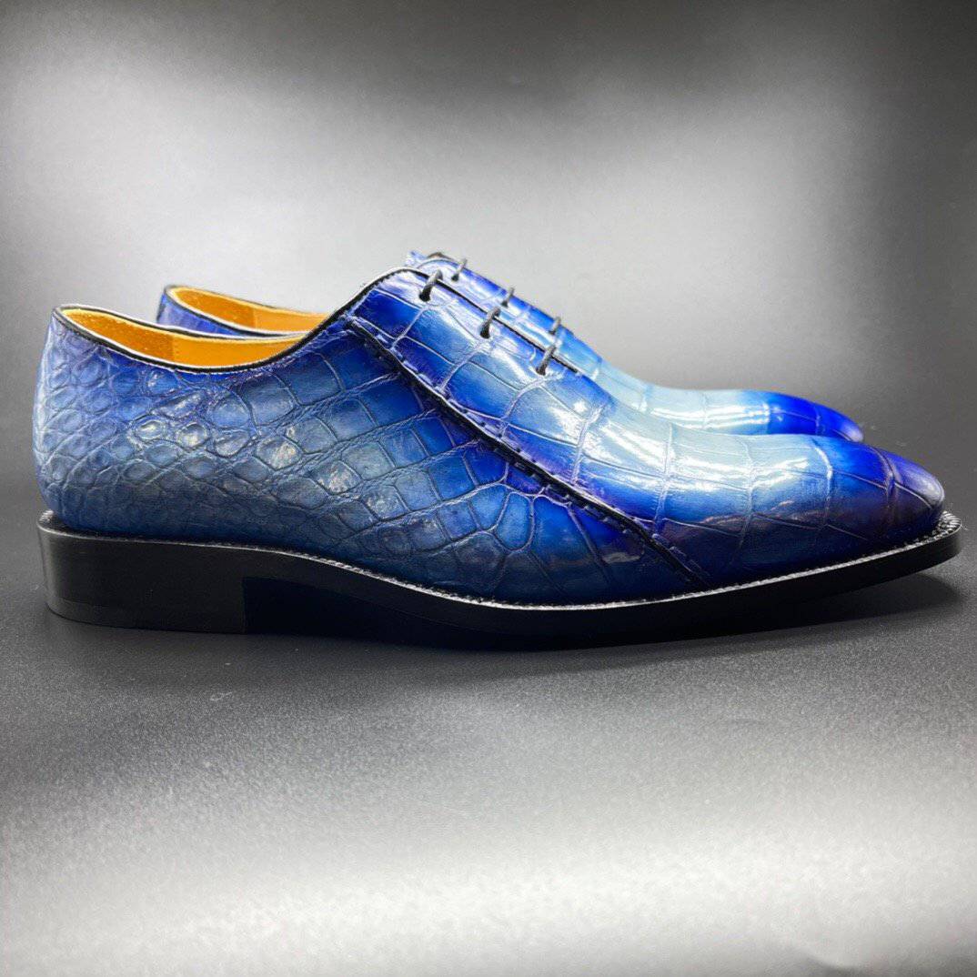 Rossie Viren men's genuine crocodile leather penny loafers in hand-painted two-tone blue, dress shoes with classic style.
