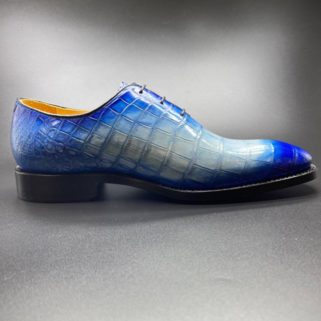 Rossie Viren men's genuine crocodile leather penny loafers in hand-painted two-tone blue, stylish dress shoes with detailed craftsmanship.