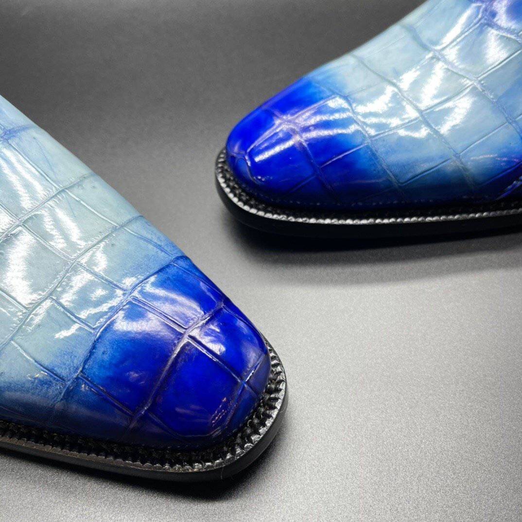 Rossie Viren men's genuine crocodile leather penny loafers in hand-painted two-tone blue, dress shoes with detailed craftsmanship.