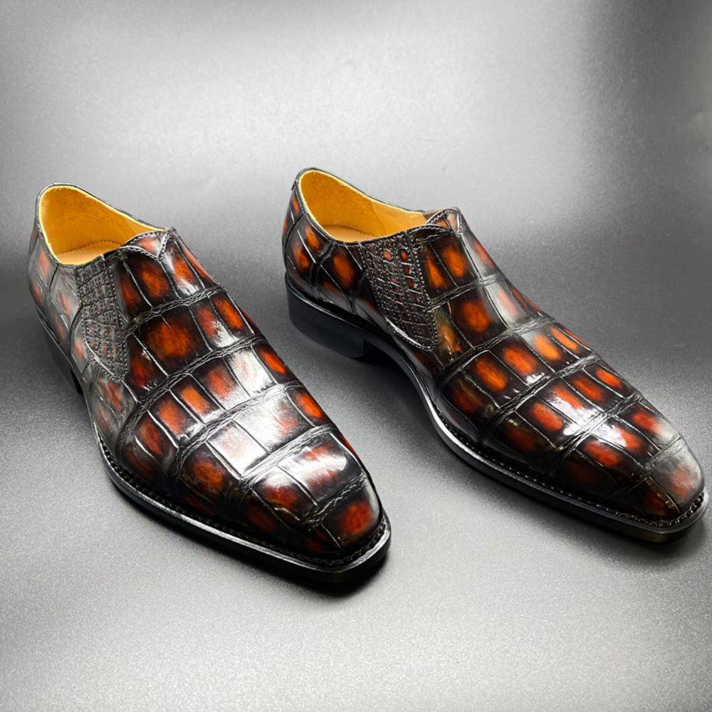 Crocodile Shoes Genuine Crocodile Leather Mens Penny Loafers Dress Shoes Hand Painted Vintage Brown