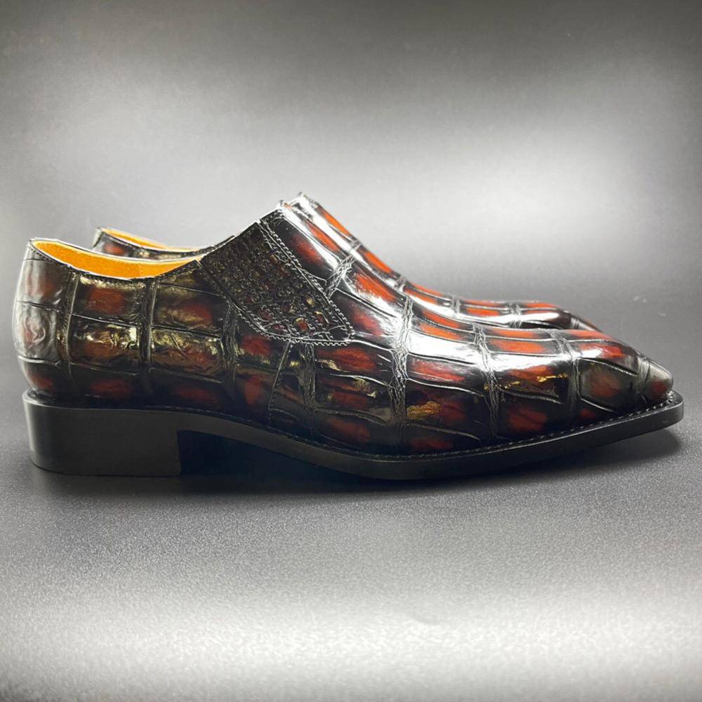 Crocodile Shoes Genuine Crocodile Leather Mens Penny Loafers Dress Shoes Hand Painted Vintage Brown