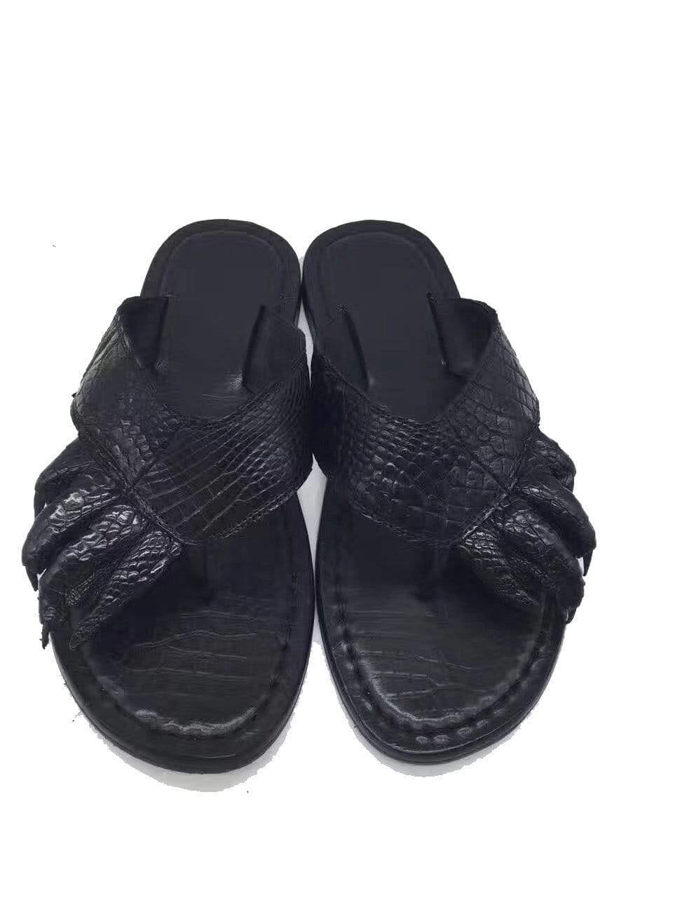 Genuine crocodile leather men's slippers by Rossie Viren, showcasing luxurious texture and classic slip-on shoe design.