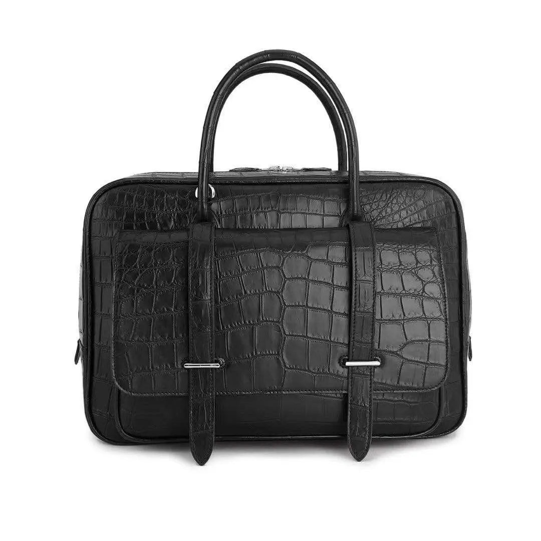 Black genuine crocodile leather messenger bag by Rossie Viren, featuring a postman style design for business and travel use.