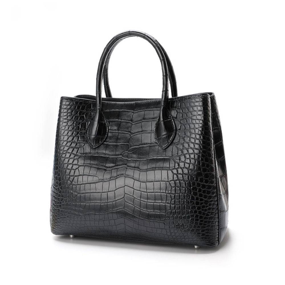 Rossie Viren black genuine crocodile leather top handle satchel handbag with shoulder strap, 30cm tote and messenger style.