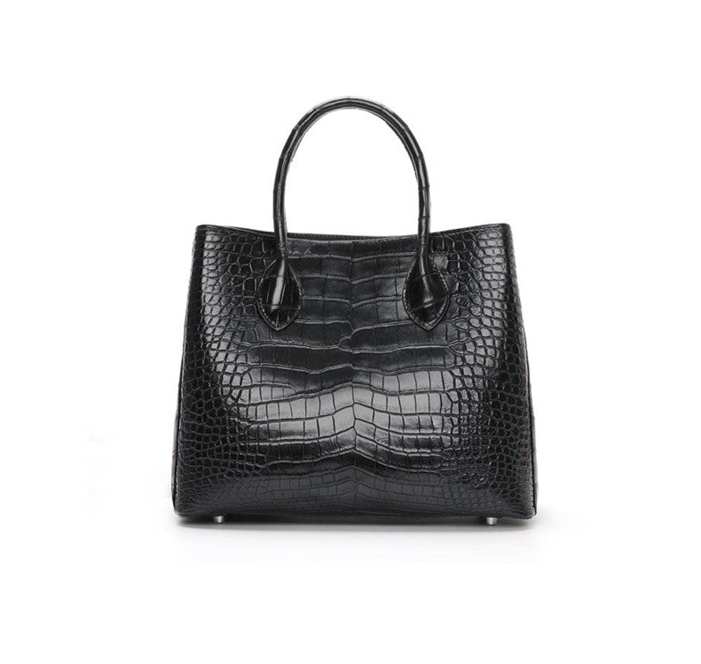 Black genuine crocodile leather top handle handbag with shoulder strap, tote style, 30cm size from Rossie Viren.