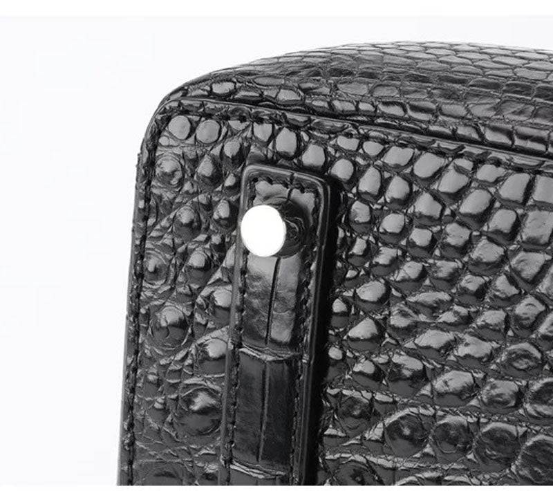Black genuine crocodile leather top handle satchel handbag with shoulder strap, tote style, 30cm size by Rossie Viren.