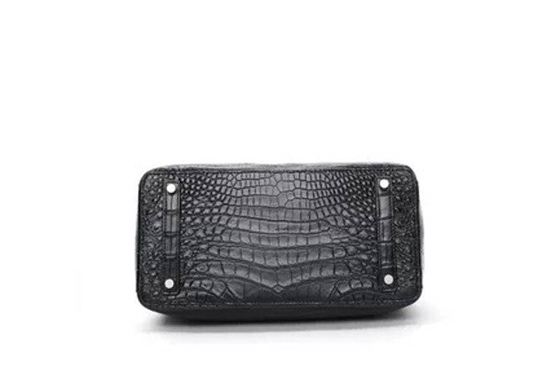 Black Rossie Viren crocodile leather handbag with top handle and shoulder strap, 30cm tote and messenger style.