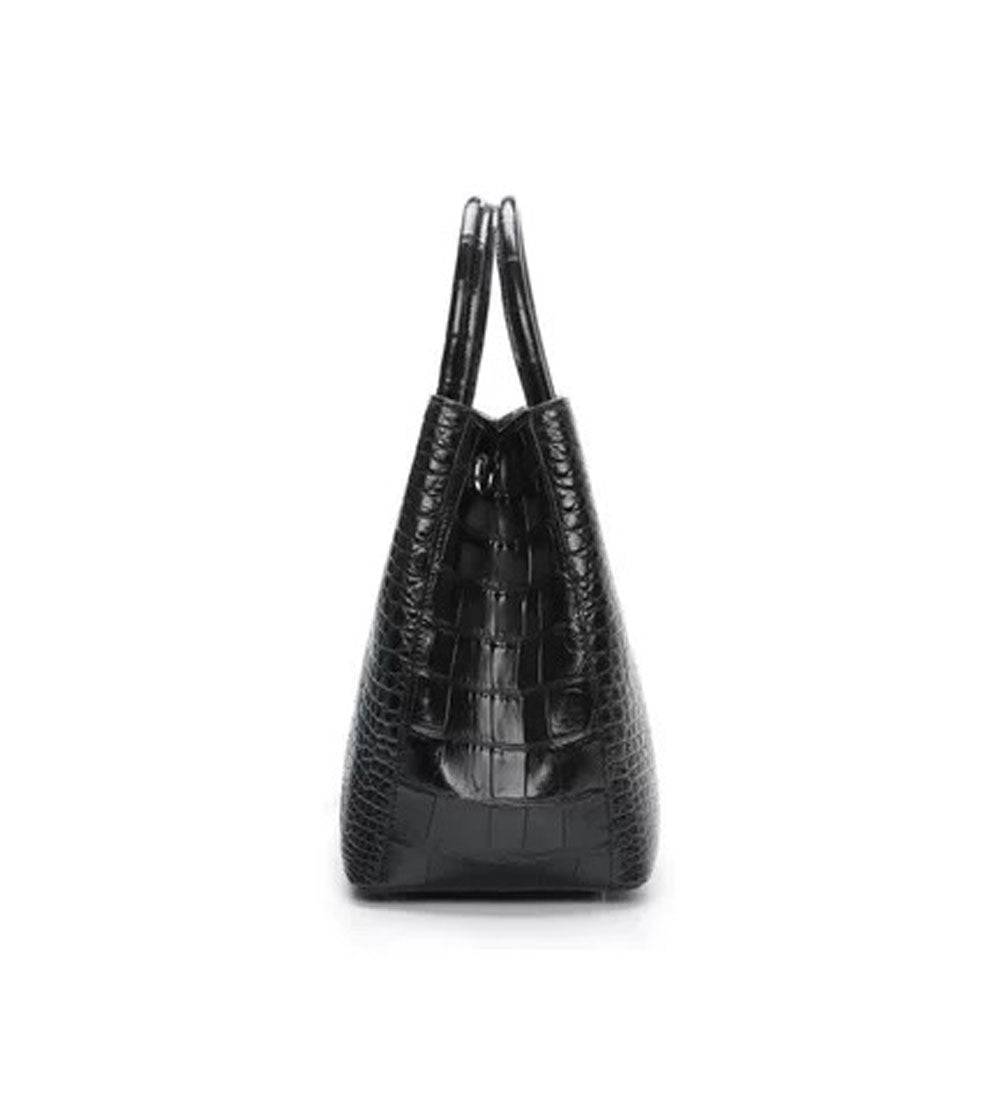 Black genuine crocodile leather top handle handbag with shoulder strap and tote design, 30cm size, by Rossie Viren.