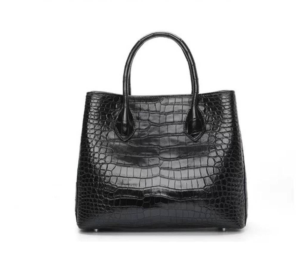 Black genuine crocodile leather top handle handbag with shoulder strap, tote, and messenger bag features, 30cm size from Rossie Viren.
