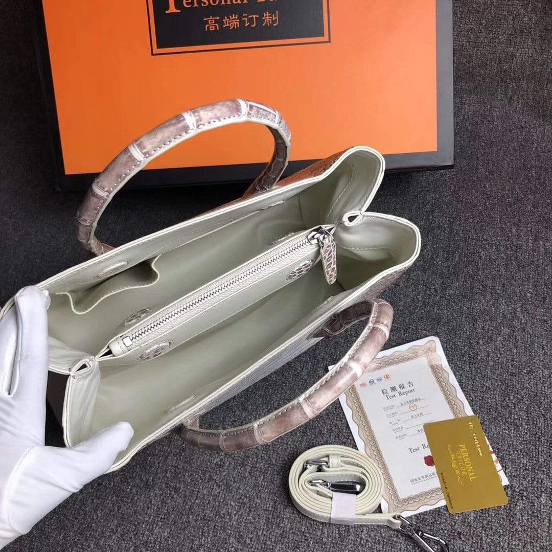 Genuine crocodile leather women's tote shoulder bag in Himalaya white, 30cm, by Rossie Viren, stylish and luxurious handbag.