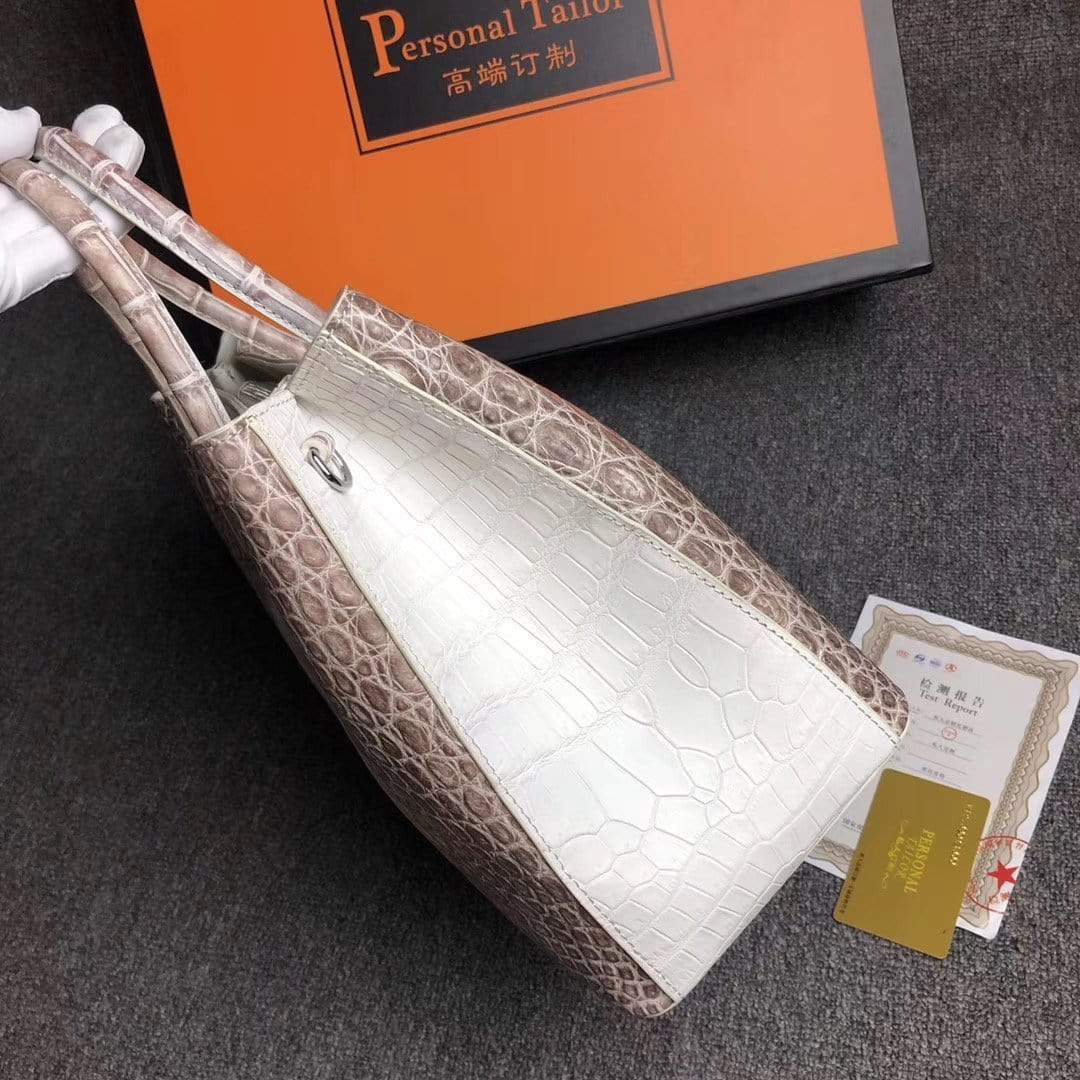 Genuine crocodile leather women's tote shoulder bag in Himalaya white, 30cm, by Rossie Viren, with sleek design and top handles.