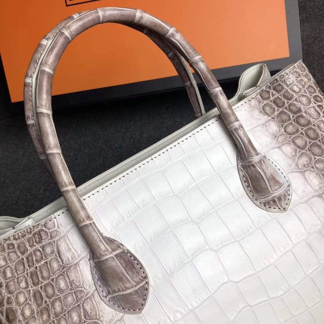 Genuine crocodile leather women's tote shoulder bag in Himalaya white, 30cm, by Rossie Viren, stylish and luxurious handbag.