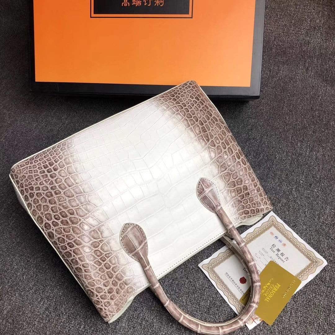Genuine crocodile leather women's tote shoulder bag in Himalaya white by Rossie Viren, 30cm size, with elegant design.