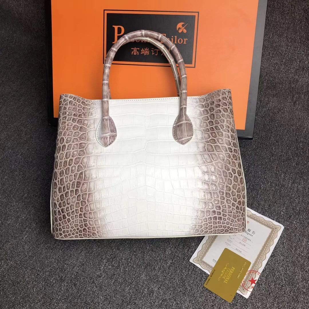 Genuine crocodile leather women's tote shoulder bag in Himalaya white, 30cm, by Rossie Viren, with elegant design and sturdy handles.