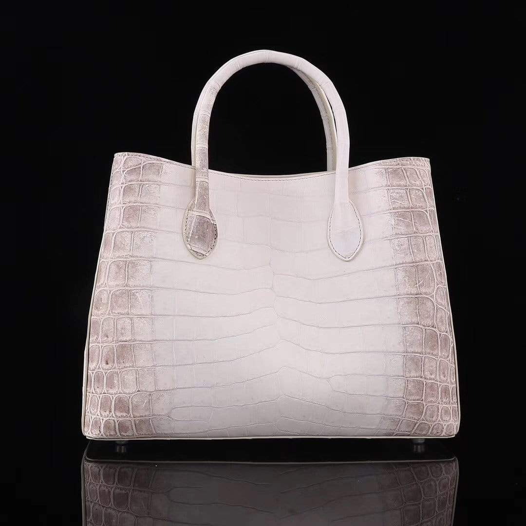 Genuine crocodile leather women's tote shoulder bag in Himalaya white, 35cm, by Rossie Viren, featuring a sleek, textured design.
