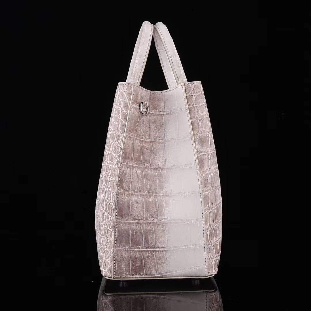 Genuine crocodile leather women's tote shoulder bag in Himalaya white, 35cm, by Rossie Viren, stylish and luxurious handbag.