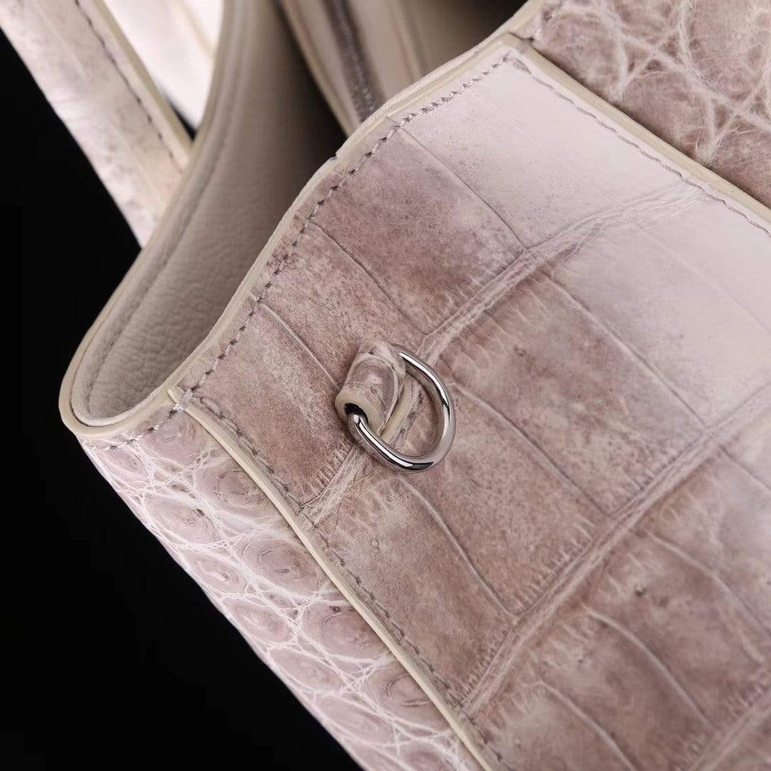 Genuine crocodile leather women's tote shoulder bag in Himalaya white, 35cm, by Rossie Viren with elegant design.