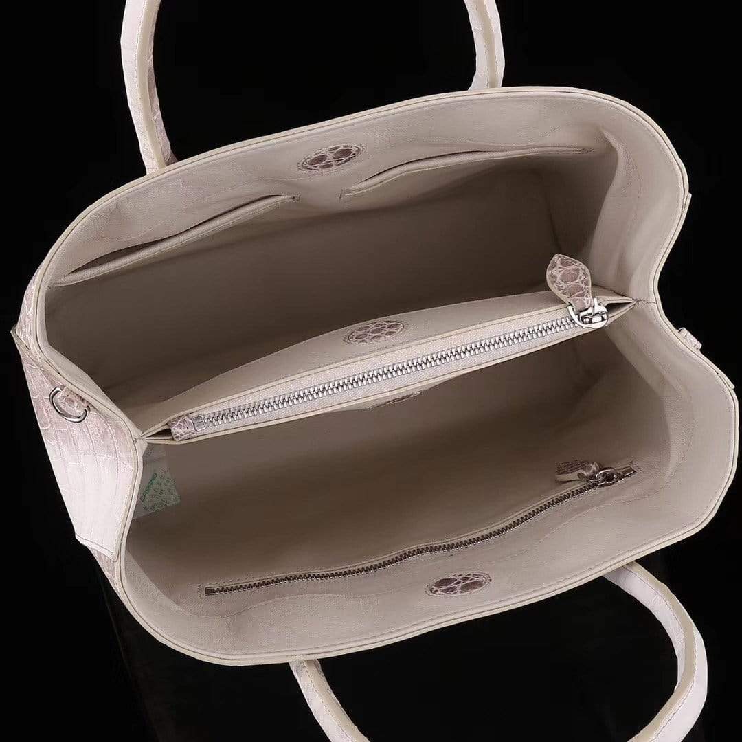 Genuine crocodile leather women's tote shoulder bag in Himalaya white, 35cm, by Rossie Viren.