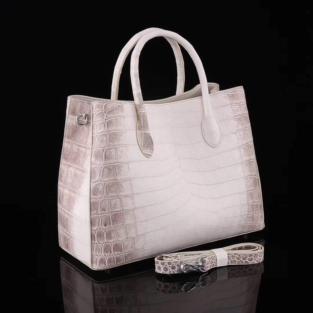 Genuine crocodile leather women's tote shoulder bag in Himalaya white, 35cm, by Rossie Viren, featuring a sleek, textured design.