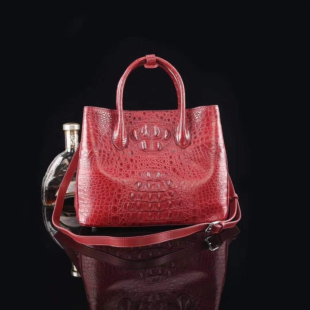 Genuine crocodile leather medium double satchel handbag by Rossie Viren, featuring a structured design and top handle.