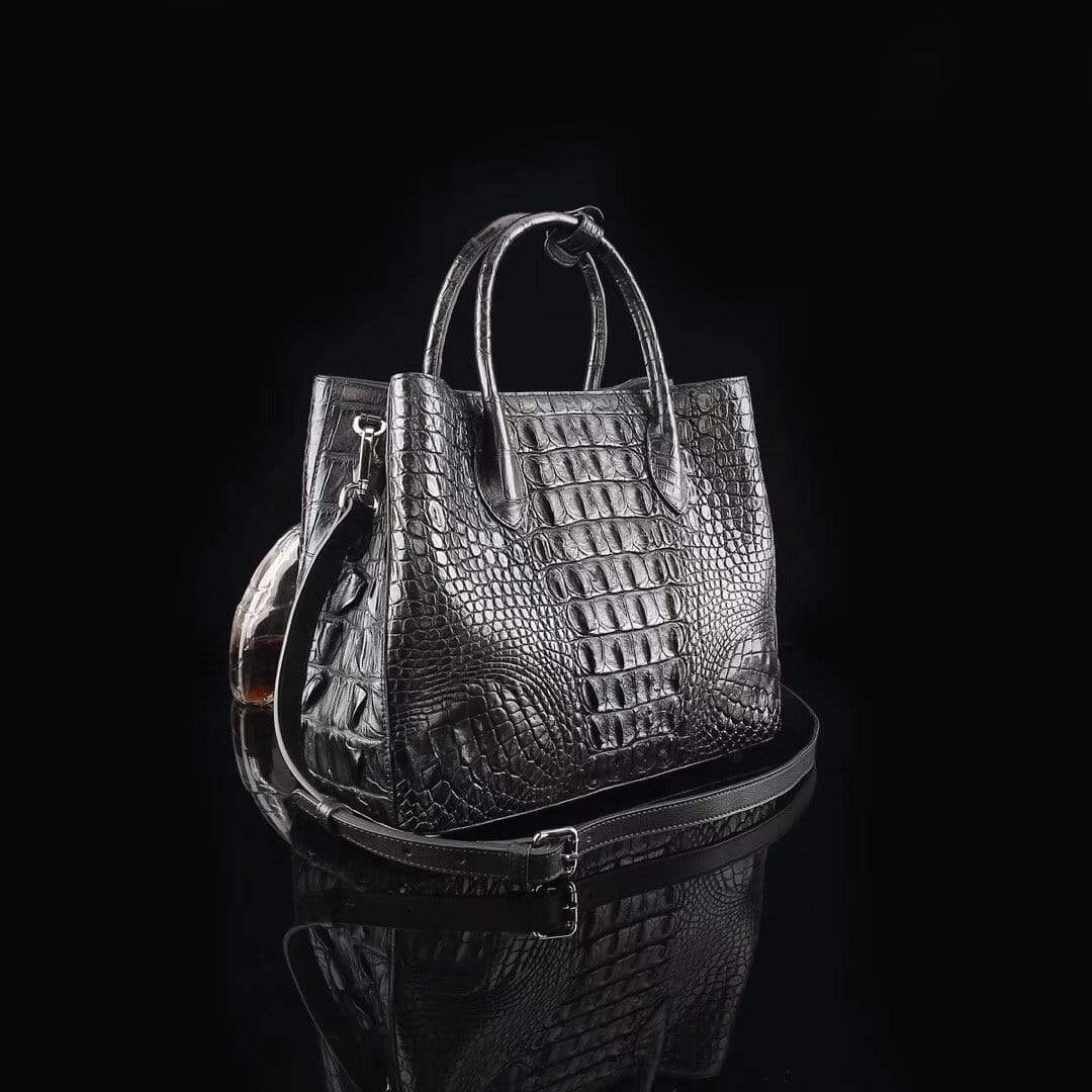 Genuine crocodile leather medium double satchel handbag by Rossie Viren, 33cm, with detailed crocodile texture and sleek design.