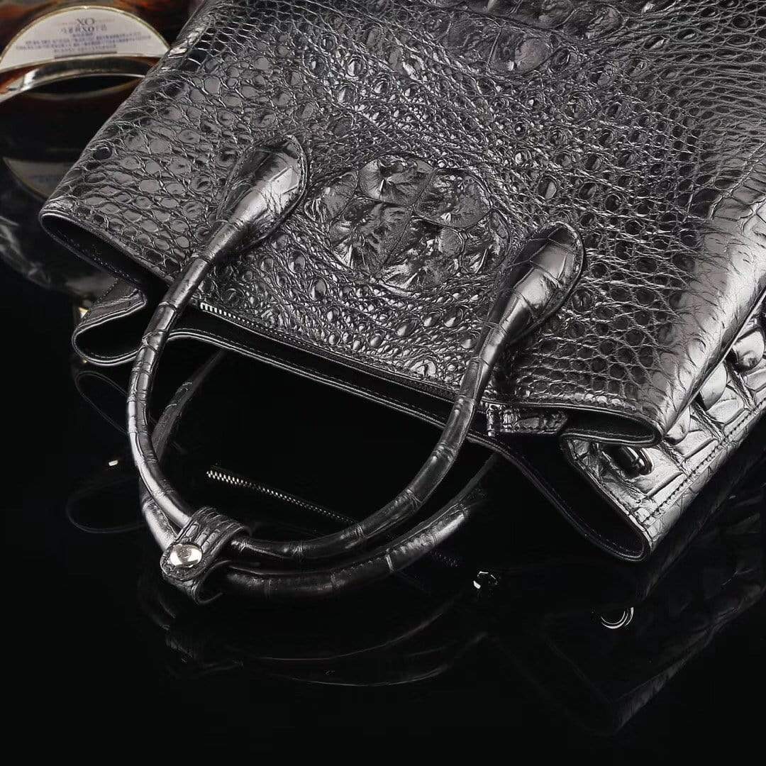 Genuine crocodile leather medium double satchel handbag by Rossie Viren, 33cm, with structured design and top handles.