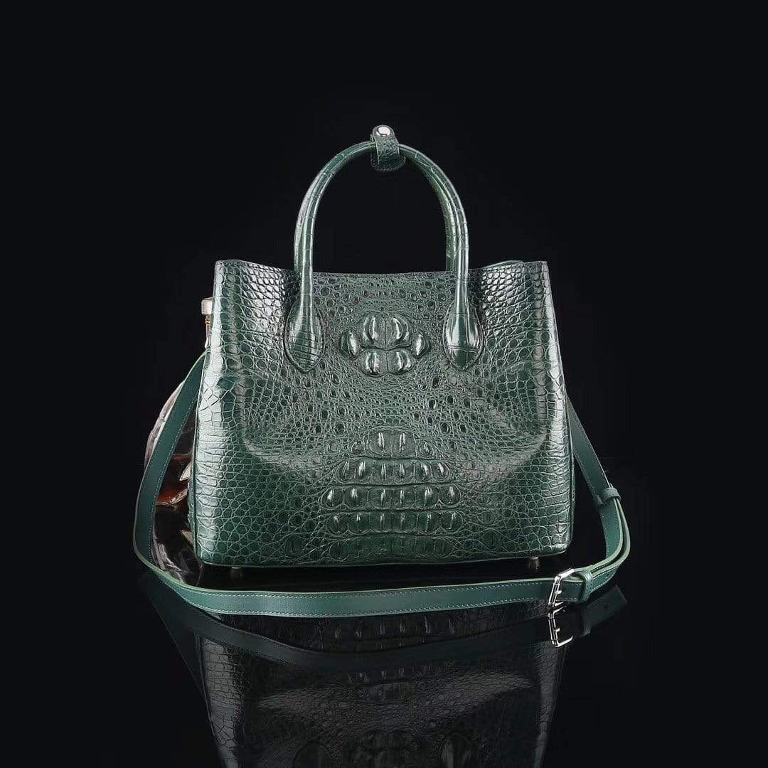 Genuine crocodile leather medium double satchel handbag by Rossie Viren, 33cm, with structured design and top handles.