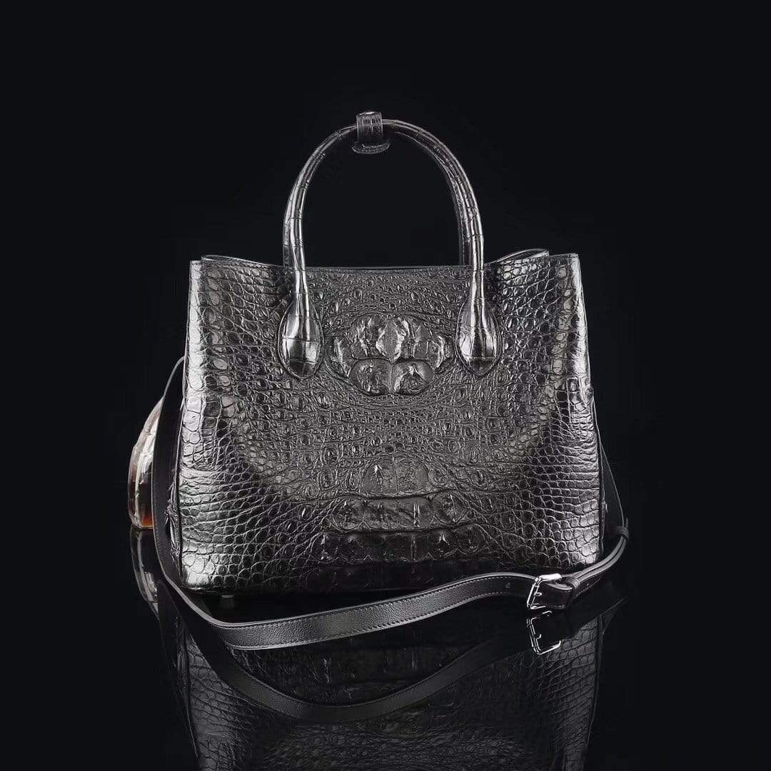 Genuine crocodile leather medium double satchel handbag by Rossie Viren, 33cm, showcasing textured crocodile skin and elegant design.