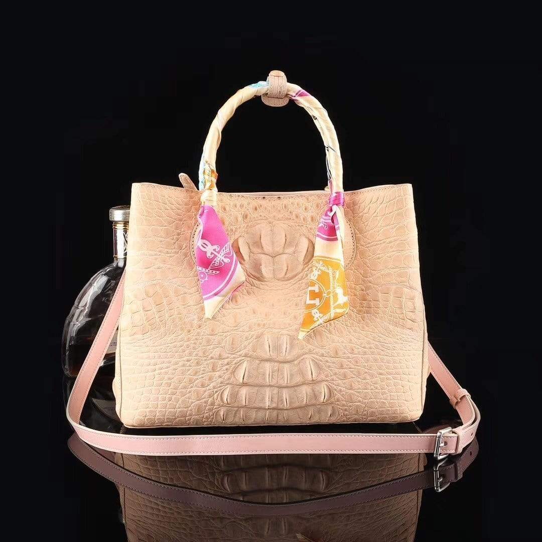 Genuine crocodile leather medium double satchel handbag by Rossie Viren, featuring a structured design and top handles.