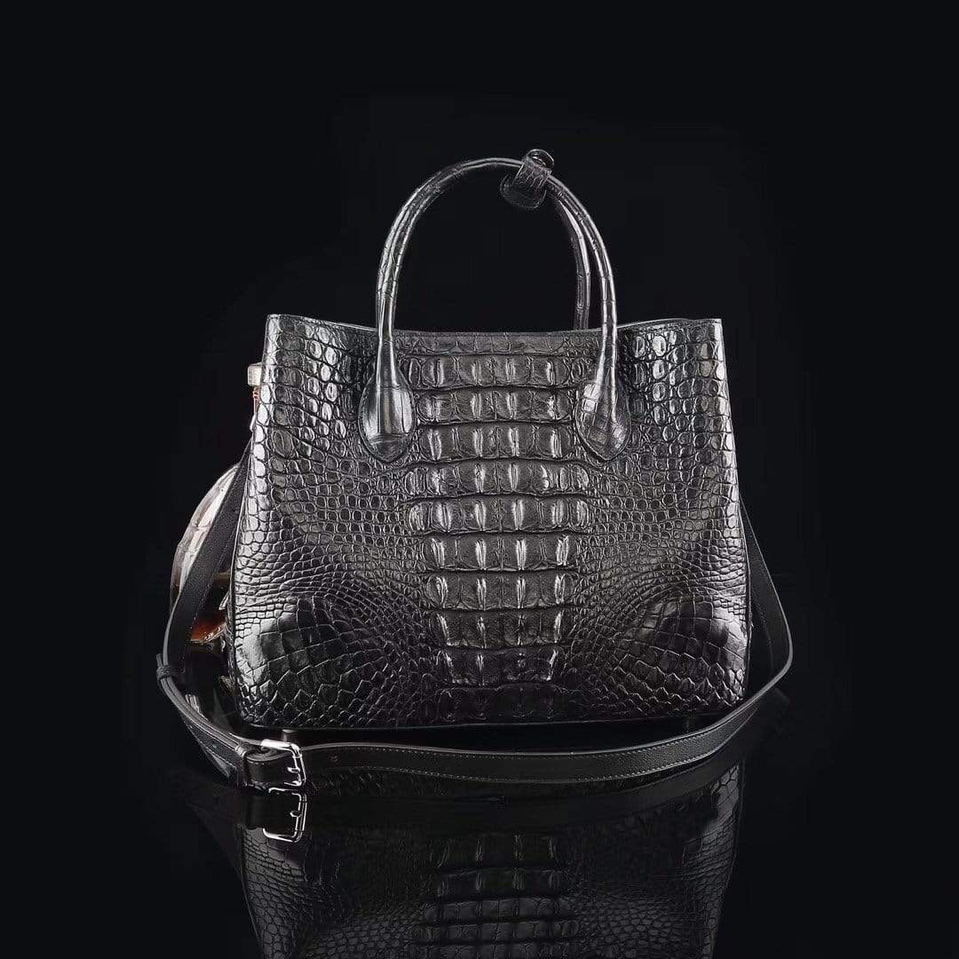 Genuine crocodile leather medium double satchel handbag by Rossie Viren, 33cm with top handles and gold-tone hardware.