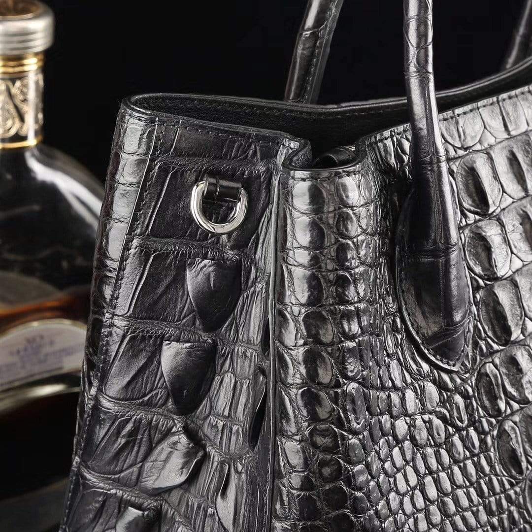Genuine crocodile leather medium double satchel handbag by Rossie Viren, 33cm size, with polished clasp and structured design.