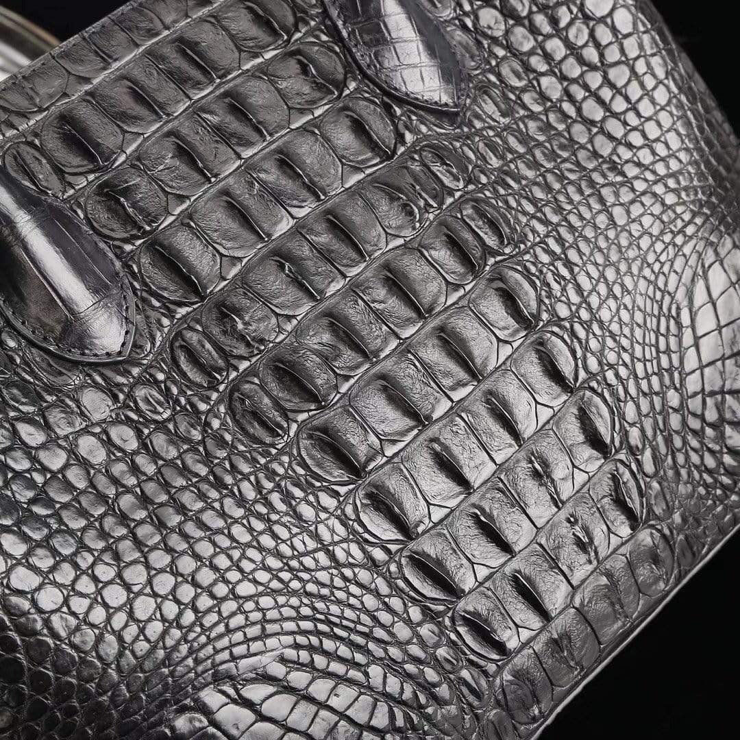 Genuine crocodile medium double satchel handbag by Rossie Viren with 33cm size and elegant textured leather finish.